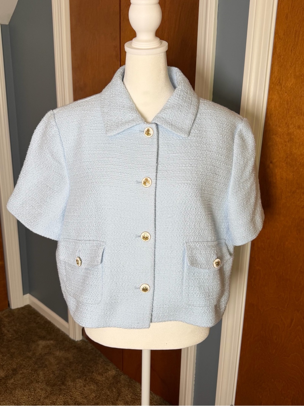 Ann Taylor Light Blue Bouclé Short-Sleeve Jacket Women's size 14.